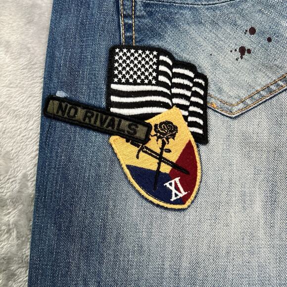 AKOO Jeans Mens 40/34 Blue Paint Splatter Distressed No Rivals Patch Big Oak Fit - Picture 8 of 16